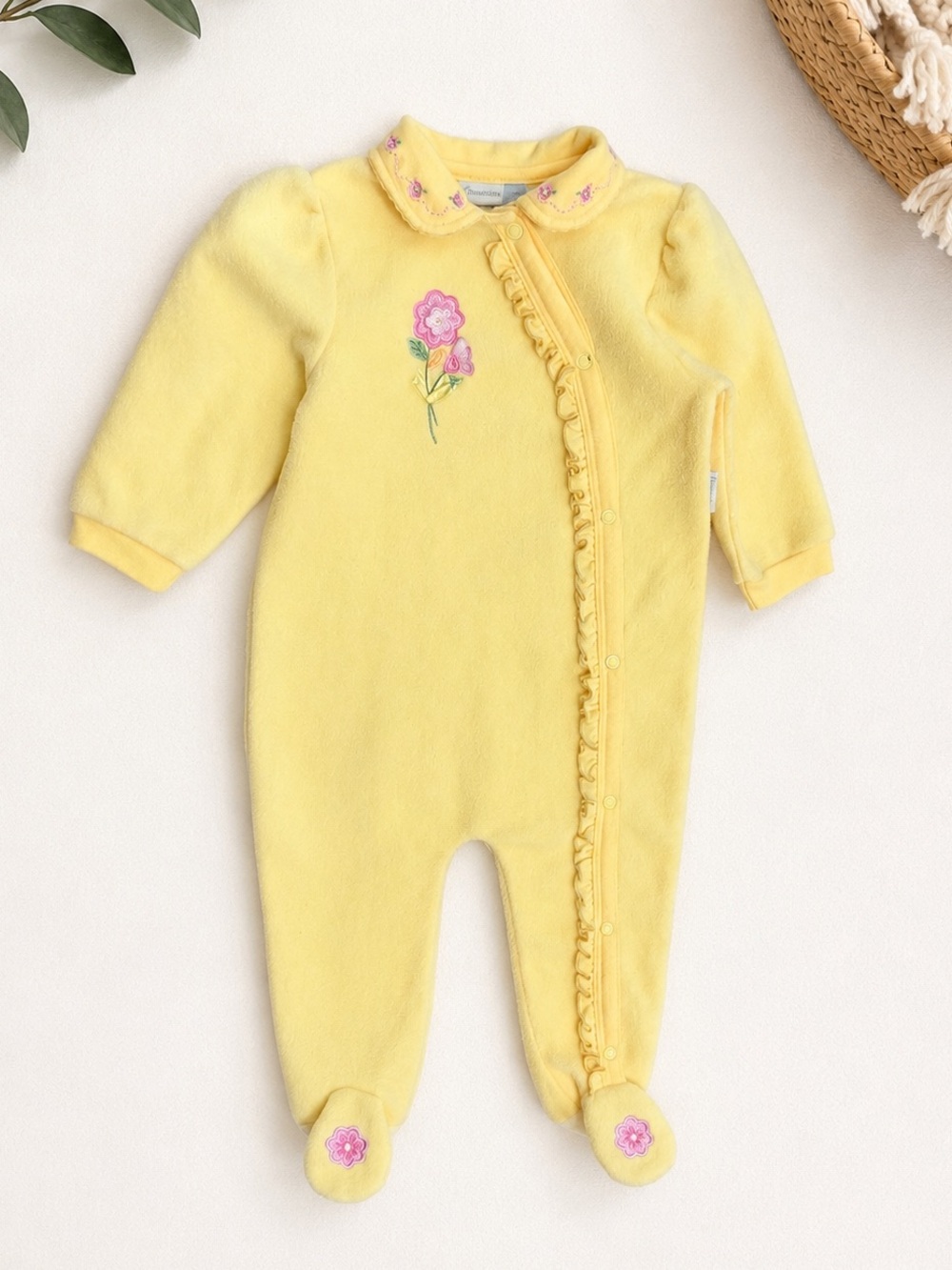 VTG 90s Baby Girl Delicate Floral Fleece Footies 18 M Vitamin Baby Yellow Floral